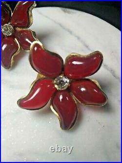 Vtg CHANEL Earrings 1997P Red Poinsettia Flower Shape Gripoix Glass Clip CC Box