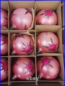 Vtg FANTASIA Box of 12 Atomic Pink Mica Glass Christmas Ornaments STARBURST #2