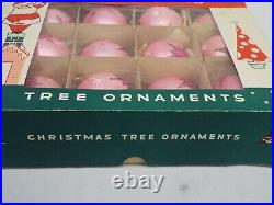 Vtg FANTASIA Box of 12 Atomic Pink Mica Glass Christmas Ornaments STARBURST #2