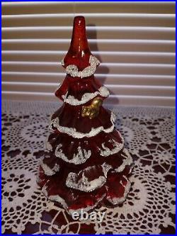 Vtg Fenton Ruby Red Snow Flocked Christmas Tree With Gold Squirel 6