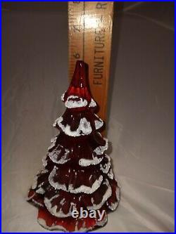 Vtg Fenton Ruby Red Snow Flocked Christmas Tree With Gold Squirel 6