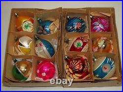 Vtg Glass Xmas Ornaments Set 12 BALLS Indent TEAR Shape Hand Painted European