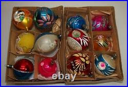 Vtg Glass Xmas Ornaments Set 12 BALLS Indent TEAR Shape Hand Painted European