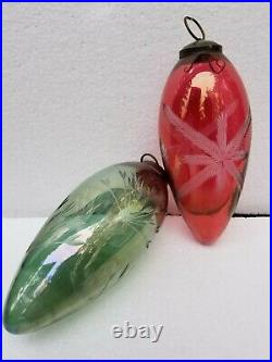Vtg Kugels Etched Heavy Glass Christmas Ornament Egg Red Green Clear Panel Brass