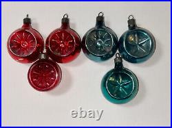 Vtg Premier Ornament Glass Double Embossed Star Red Aqua Indent Christmas x 6