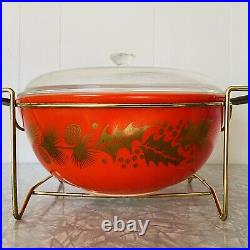 Vtg Pyrex Golden Leaf Red Christmas Holly 4 QT Bowl & Lid with Cradle Carrier #404
