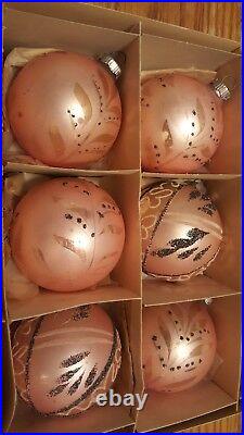 Vtg Shiny Brite West Germany Pink Mica Stencil Glass Christmas Tree Ornament IOB