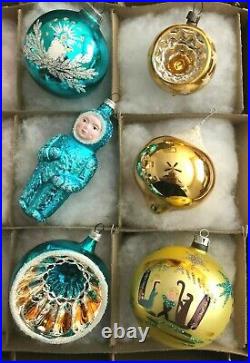 Vtg Shiny Brite Xmas Ornaments SnowBaby Nativity Indents Man in Moon Pinecone 12