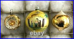 Vtg Shiny Brite Xmas Ornaments SnowBaby Nativity Indents Man in Moon Pinecone 12