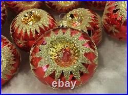 West Germany Vintage Christmas Ornaments 4 Side Indent Red Stars Mica Glitter 9