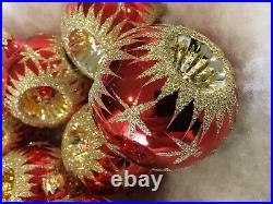West Germany Vintage Christmas Ornaments 4 Side Indent Red Stars Mica Glitter 9